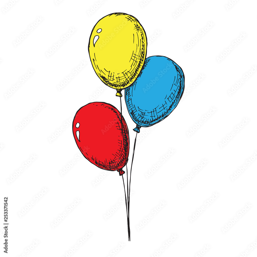 Wall mural Three balloons on a string. Hand drawn, isolated on a white background. Vector