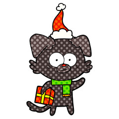 nervous dog comic book style illustration of a with gift wearing santa hat
