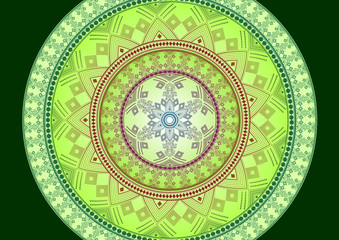 Vector green background of a round pattern in the form of a mandala. Ancient decorative elements. Islamic, Arab, Indian, Ottoman motifs. Can be used for textile, greeting card, coloring book