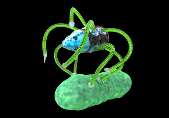 Nanobot attacking bacterium, nanotechnology medical concept, 3D illustration. Nano sized robots developed to treat infections