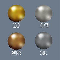 Set of realistic gold, silver, bronze and steel spheres, vector golden balls.