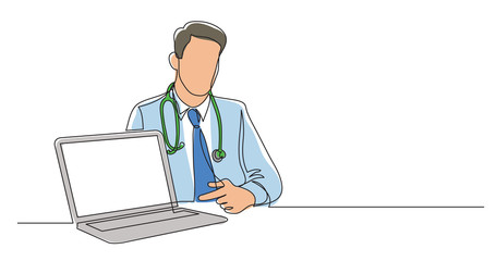 one line vector drawing of hospital doctor sitting pointing at laptop screen