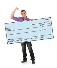 Man Cheering And Holding Up Giant Blank Check