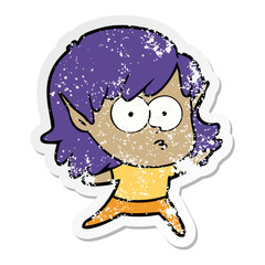 distressed sticker of a cartoon elf girl staring