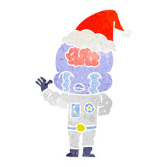 retro cartoon of a big brain alien crying wearing santa hat