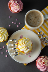Chocolate cupcakes and coffee , breakfast with colorful cupcakes. Gray background. Sweet dessert.