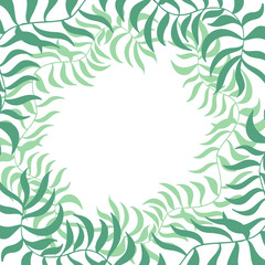 Fototapeta na wymiar Tropical square frame with abstract exotic leaves on white. Summer border. Vector illustration