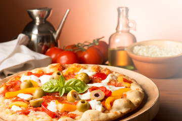 Vegetarian pizza on the wooden table