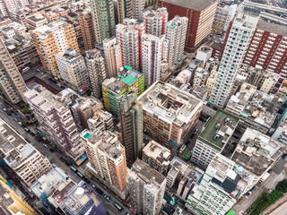 Aerial view of highly densely populated are in Kowloon in Hong Kong