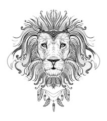 Graphic poster with lion king dressed in boho style feathers necklace, front view portrait