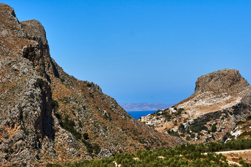 Fototapeta premium Rocky peak and olive trees on the island of Crete, Greece