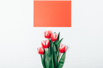 Blank red paper sheet and bouquet of fresh tulip flowers