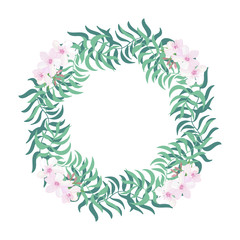Tropical floral wreath with exotic pink flowers and leaves isolated on white background. Plant frame for banner. Botanical border 