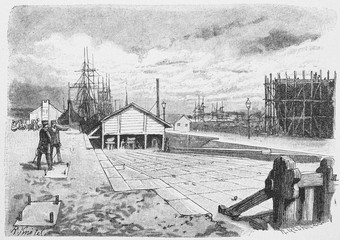 Hellinge, at the imperial shipyard in Wilhelmshaven. - Illustration, Germany, Wilhelmshaven, 1880-1889, 19th Century, 19th Century Style - 253374388