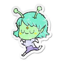 distressed sticker of a cartoon alien girl