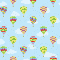 Vector repeat pattern of hot air balloons in sky among clouds with tracking lines. Colorful balloons print for travel wallpaper, accessories, travel themed fabric, wrapping paper, home decor.
