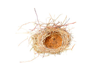 Empty bird nest isolated on white background, top view