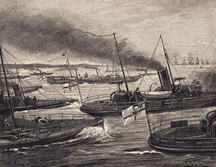 Fototapeta premium Emperor Wilhelm II. Journey to visit the Russian tsar: S. M. yacht 'Hohenzollern' and the accompanying torpedo boats. - Illustration, Germany, 1880-1889, 19th Century, 19th Century Style, Adventure