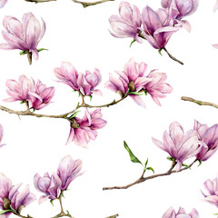 Watercolor magnolia and leaves seamless pattern. Hand painted flowers and green leaves on branch isolated on white background. Floral illustration for design, print, fabric or background.