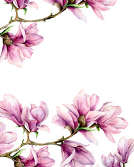 Fototapeta na wymiar Watercolor magnolia and leaves vertical card. Hand painted border with flowers on branch isolated on white background. Floral elegant illustration for design, print.