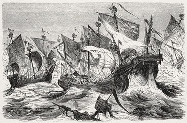 The battle – attack of the Stralsund merchant drivers on the Danish fleet 1428 - Illustration, Germany, Stralsund, 1880-1889, 19th Century, 19th Century Style