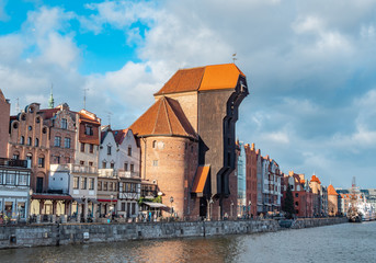 Old city in Poland with the oldest medieval port crane (Zuraw) in Europe and a promenade along the riverbank of Motlawa River