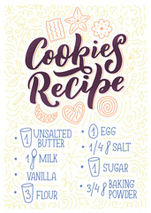 Lettering with cookies recipe. Delicious poster. Concept design. Vector illustration. Funny christmas text. Bakery card.