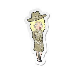 retro distressed sticker of a cartoon woman wearing sensible hat