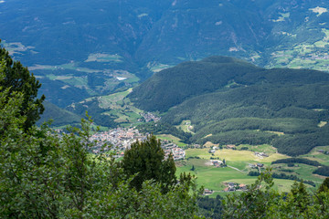 Fototapeta na wymiar Alpe di Siusi, Seiser Alm with Sassolungo Langkofel Dolomite, a close up of a lush green field in a valley canyon