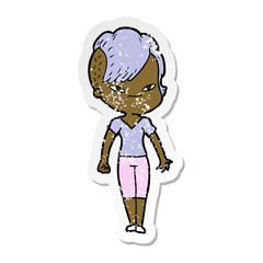 distressed sticker of a cute cartoon girl with hipster haircut
