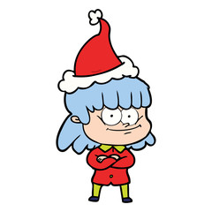 line drawing of a smiling woman wearing santa hat