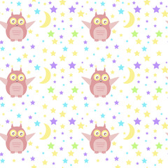 Vector seamless pattern with cute owl, moon and stars. Can be used for baby shop, store, market, kids centre, kindergarten. Background for banner, decoration, wallpaper. EPS10