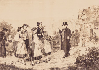 Fototapeta na wymiar The walk to the fair - Illustration, Black Forest, Germany, 1870-1879, 19th Century, 19th Century Style,