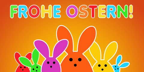 Bunte Osterhasen als Abbildung mit Oster Text auf grünem Hintergrund. Ostern Hintergrund für die bunte Oster Saison mit niedlichen Häschen und Ostertext.