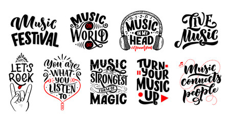 Fototapeta na wymiar Set with inspirational quotes about music. Hand drawn vintage illustration with lettering. Phrases for print on t-shirts and bags, stationary or as a poster.
