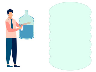 A man, a water delivery officer. Text bubble. In minimalist style. Cartoon flat Vector