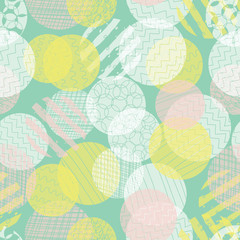 Modern abstract background. Layered textured circles seamless vector pattern. Dots different opacity pink, teal, yellow repeating backdrop. Use for fabric , wallpaper, web banner, digital paper.