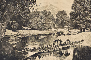 The barque of the Maharajah of Kashmir on the Dhul Canal. - Illustration, Jammu and Kashmir, 1870-1879, 19th Century, 19th Century Style