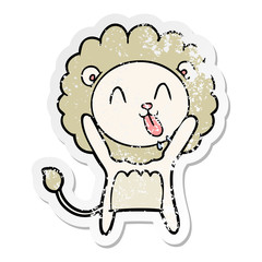 distressed sticker of a happy cartoon lion