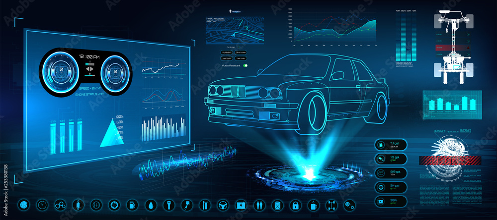 Fototapete Futuristic user interface. HUD UI. Abstract virtual graphic touch user interface. Cars infographic. Vector science abstract. Vector illustration.