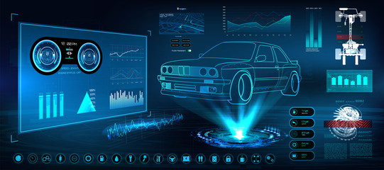 Obraz premium Futuristic user interface. HUD UI. Abstract virtual graphic touch user interface. Cars infographic. Vector science abstract. Vector illustration.