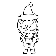 line drawing of a cool hipster girl in space suit wearing santa hat
