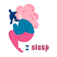 Fat girl sleeping on the pillow, with voluminous hairstyle and warm sweater.