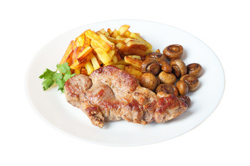 steak with fried potatoes and mushrooms isolated side view