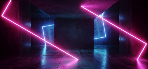 Retro Neon Laser Modern Sci Fi Elegant Retro Club Stage Glowing  Blue Pink Purple Frame Light Rectangle In Dark Empty Grunge Concrete Tunnel Hall Room 3D Rendering