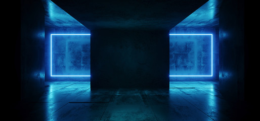 Retro Neon Laser Modern Sci Fi Elegant Retro Club Stage Hall Glowing  Blue Frame Light Rectangle In Dark Empty Grunge Concrete Tunnel Room 3D Rendering
