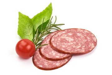 Salami slices, thinly sliced sausage, isolated on white background. Close-up