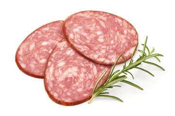 Salami slices, thinly sliced sausage with rosemary, isolated on white background. Close-up
