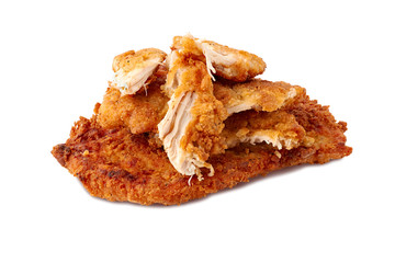 Crispy fried breaded chicken breast on white