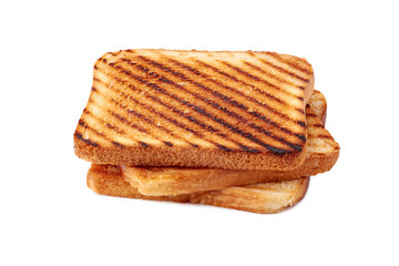Stack of roasted toasts bread on white